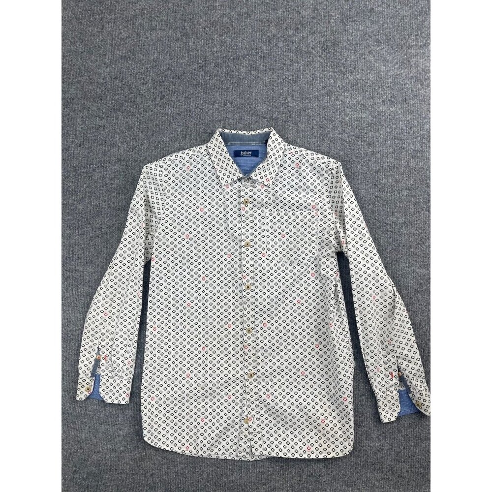Baker by Ted Baker Blouse‎ Women's 14 White Geo Print Button Up Shirt Cotton
